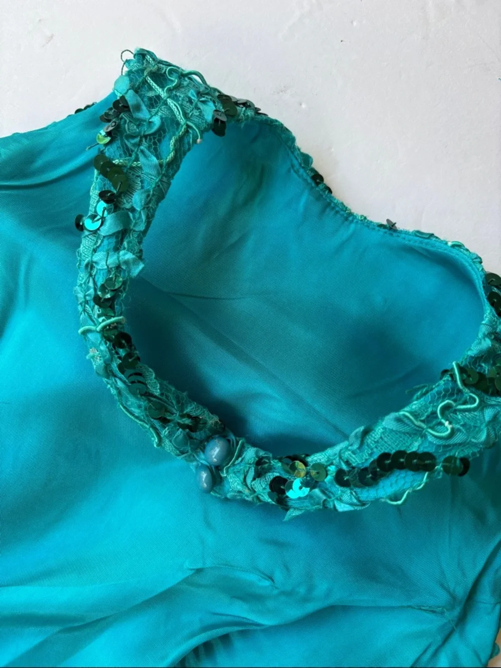 Vintage 80’s Sequin Party Dress Teal Bow Halter Bow Dropwaist Cocktail Dance 90’ - Picture 14 of 17
